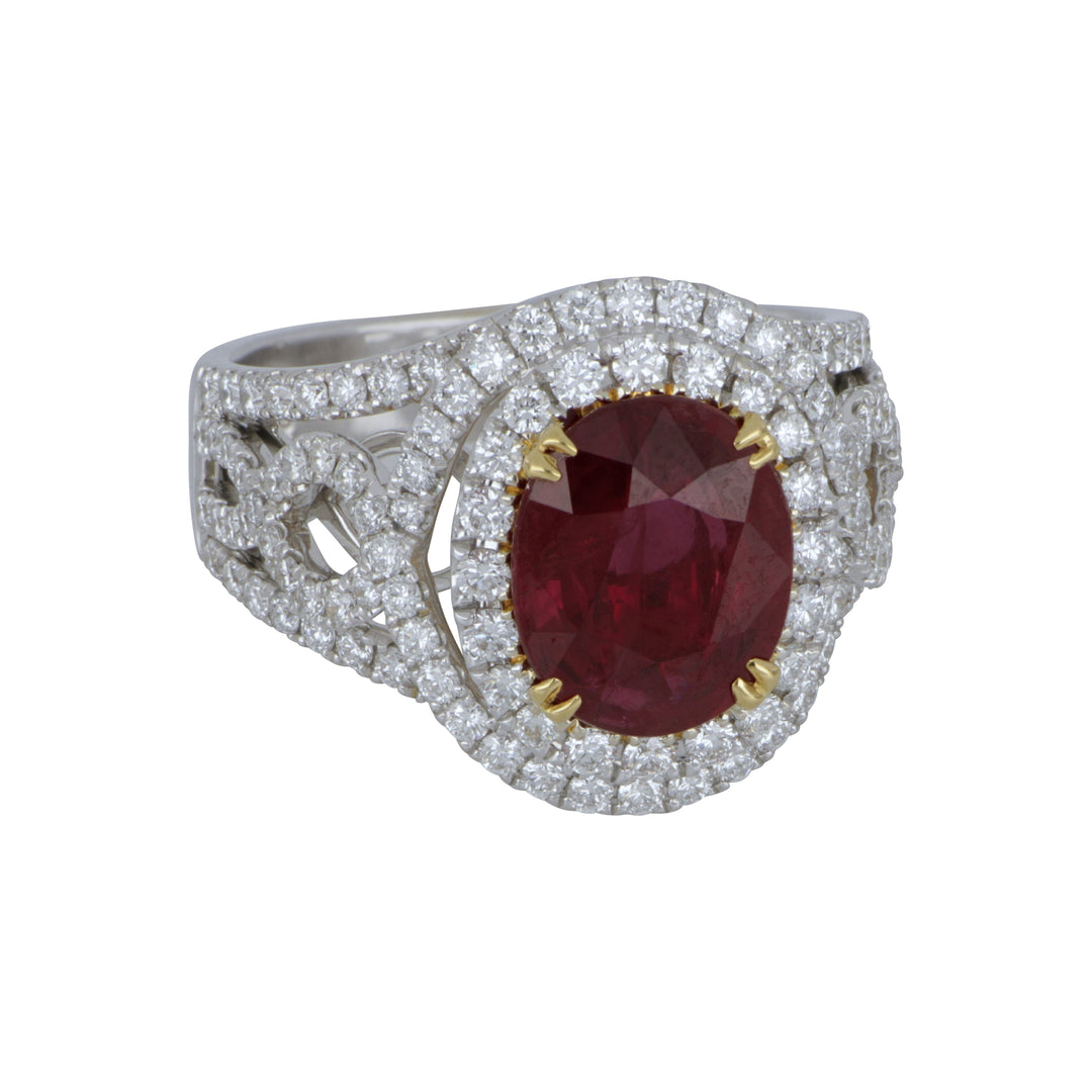 18K White & Yellow Gold Double Halo Twist Oval Ruby & Diamond Ring – Ruby 3.41 CT, Diamonds 1.22 Ct, Size 6.5
