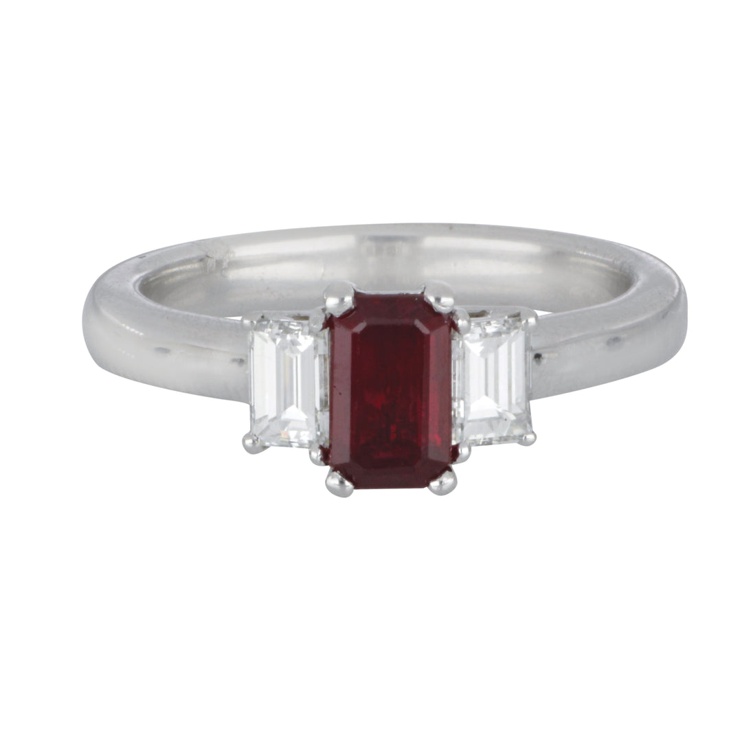 18K White Gold Three-Stone Emerald Cut Ruby & Diamond Ring – Ruby 0.94 CT, Diamonds 0.65 Ct, Size 6.5