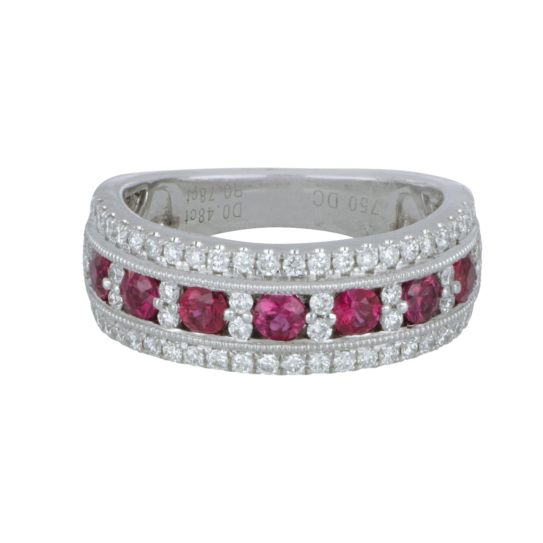18K White Gold Three-Row Ruby & Diamond Band – Rubies 0.78 Ct, Diamonds 0.48 Ct, Size 6.5