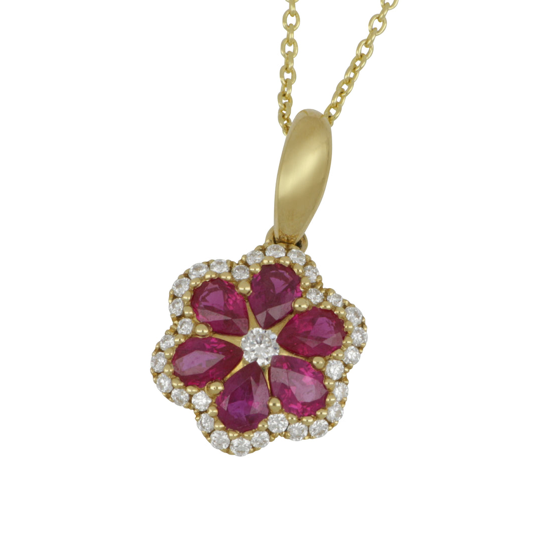 14K Yellow Gold Flower Ruby & Diamond Pendant – Rubies 0.64 Ct, Diamonds 0.14 Ct, 18"