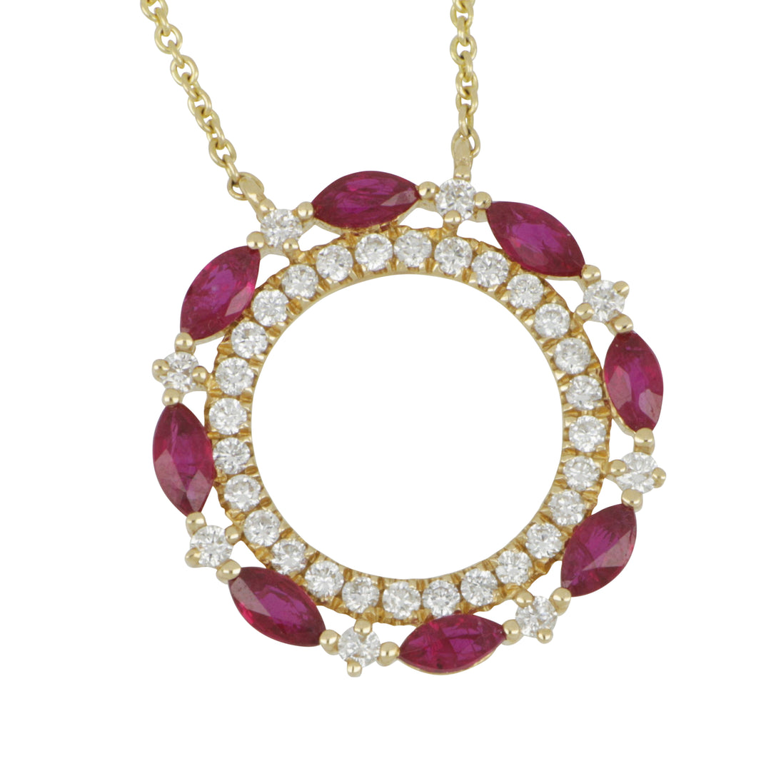 14K Yellow Gold Double Circle Marquise Ruby & Diamond Necklace – Rubies 0.67 Ct, Diamonds 0.31 Ct, 18" Adjustable