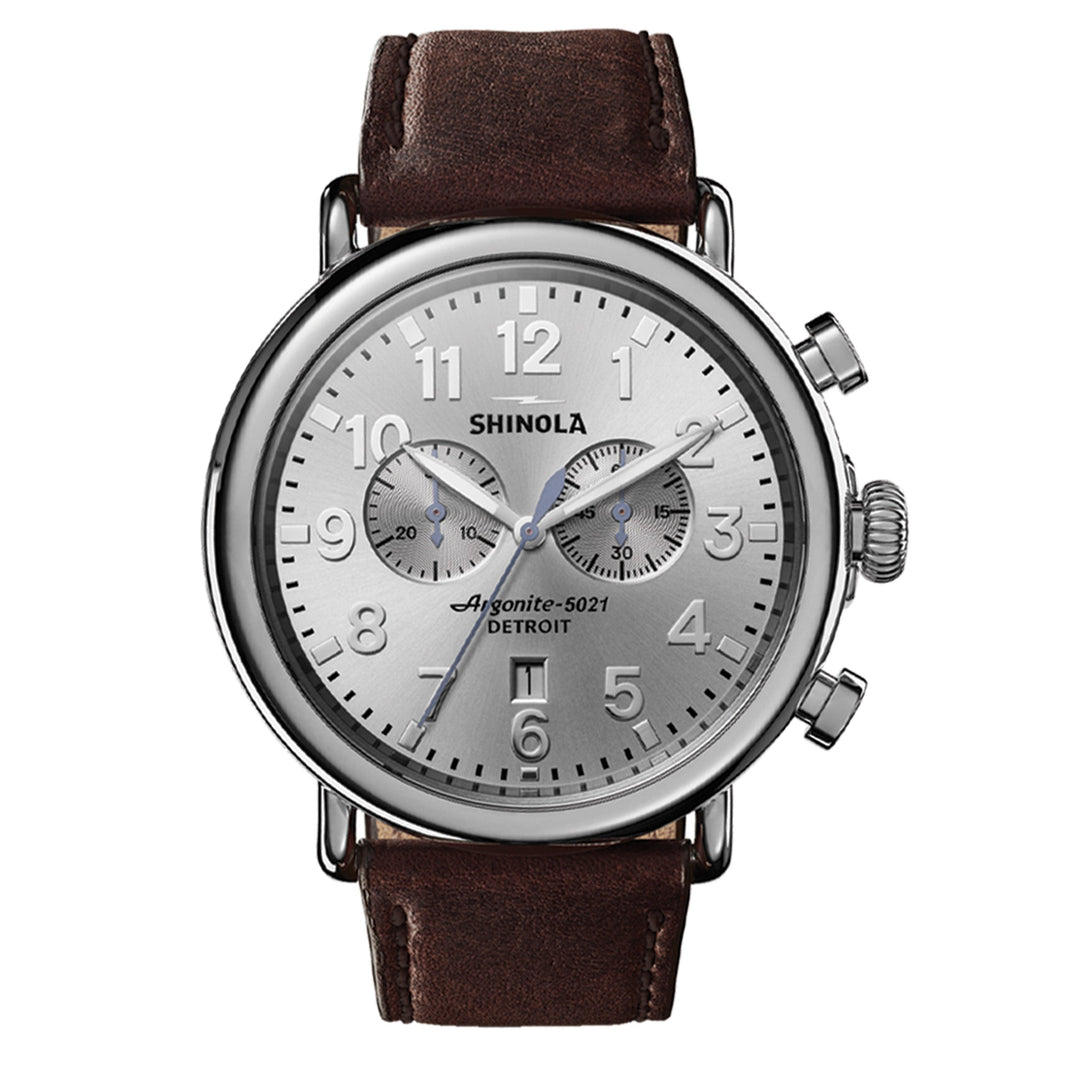 47mm Shinola Runwell Chrono with Silver Dial and Dark Brown Leather Strap