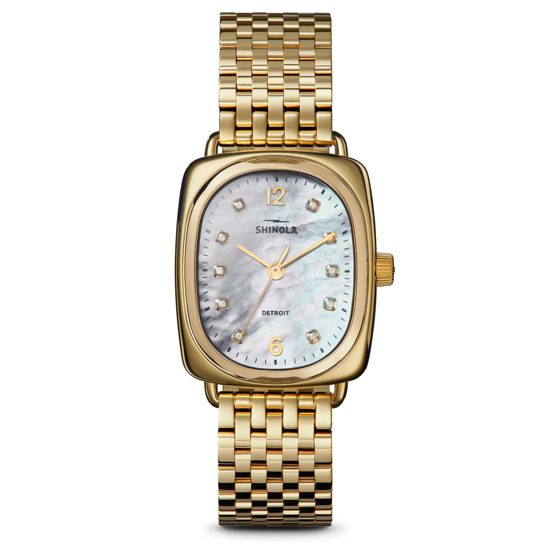 Shinola Bixby Watch, 34mm, Mother-of-Pearl Dial with Diamonds, Gold Bracelet