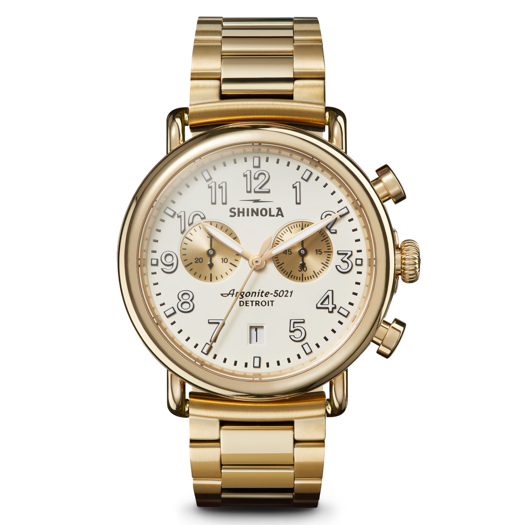 Shinola Runwell Chronograph Watch, 41mm, White Dial, Gold-Tone Bracelet