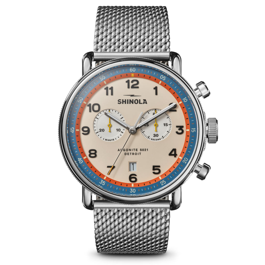 Shinola Stainless Steel Canfield Chronograph Watch, 43mm, Cream Dial, Mesh Bracelet