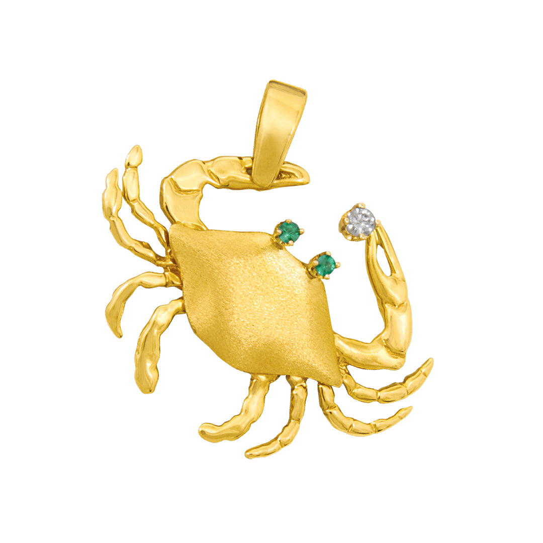 14K Yellow Gold Medium Crab Pendant, Diamond 0.05 Ct, 2 Emeralds 1.8mm