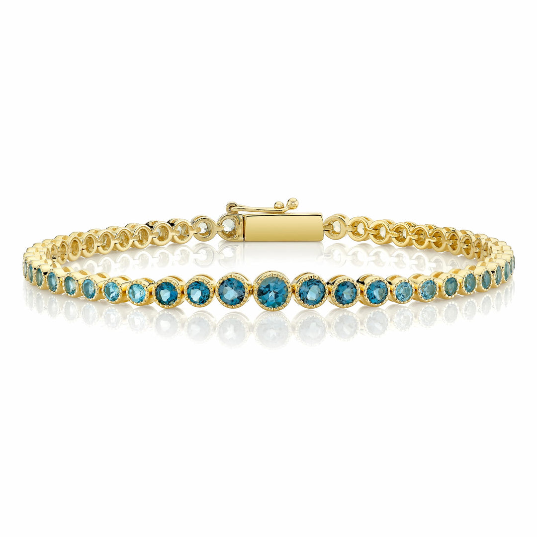 Sloan Street 18 Karat Yellow Gold Blue Topaz Ombre Graduated Tennis Bracelets, 51BT=4.90tw