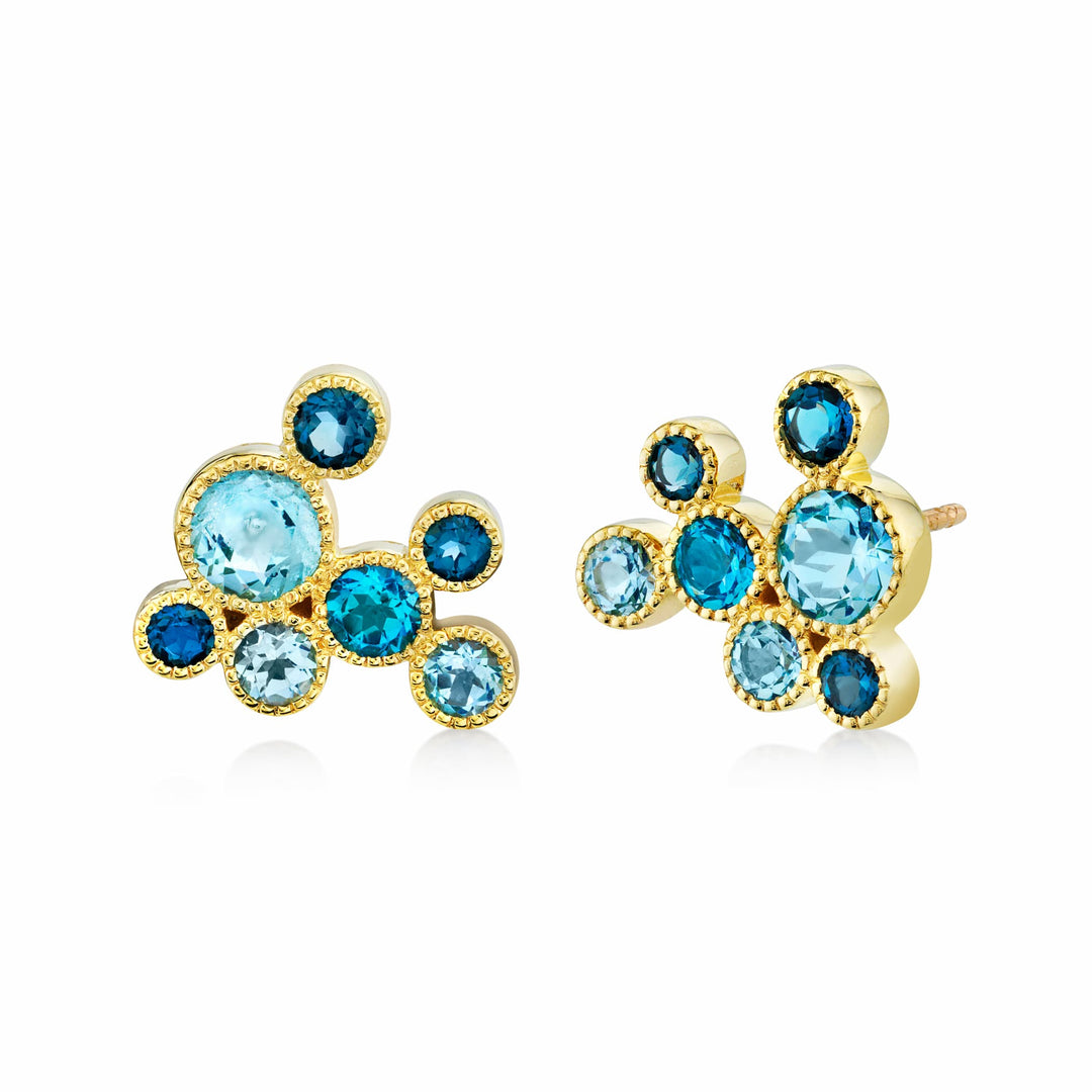 Sloan Street 18 Karat Yellow Gold Blue Topaz Bubble Cluster Earrings, 14BT=2.82tw