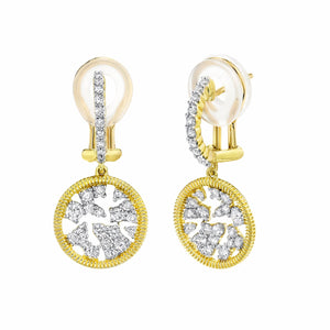 Sloan Street 18 Karat Yellow Gold Circle and Diamond Earrings with Strie Details, 58Dias=.91tw G/SI