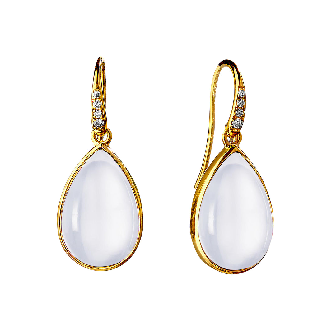 SYNA 18K Yellow Gold Moon Quartz Drop Earrings, 11.50 Ct MQ, 0.05 Ct Diamonds