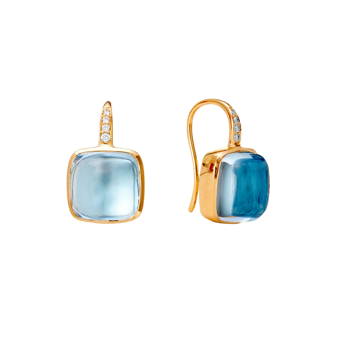 SYNA 18K Yellow Gold Candy Blue Topaz & Diamond Earrings, 15.00 Ct Topaz, 0.05 Ct Diamonds