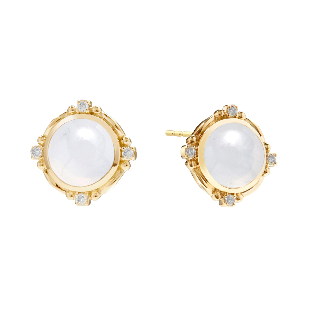 SYNA 18K Yellow Gold Mogul Moon Quartz Earrings with Diamonds, 4 Ct MQ, 0.09 Ct Diamonds