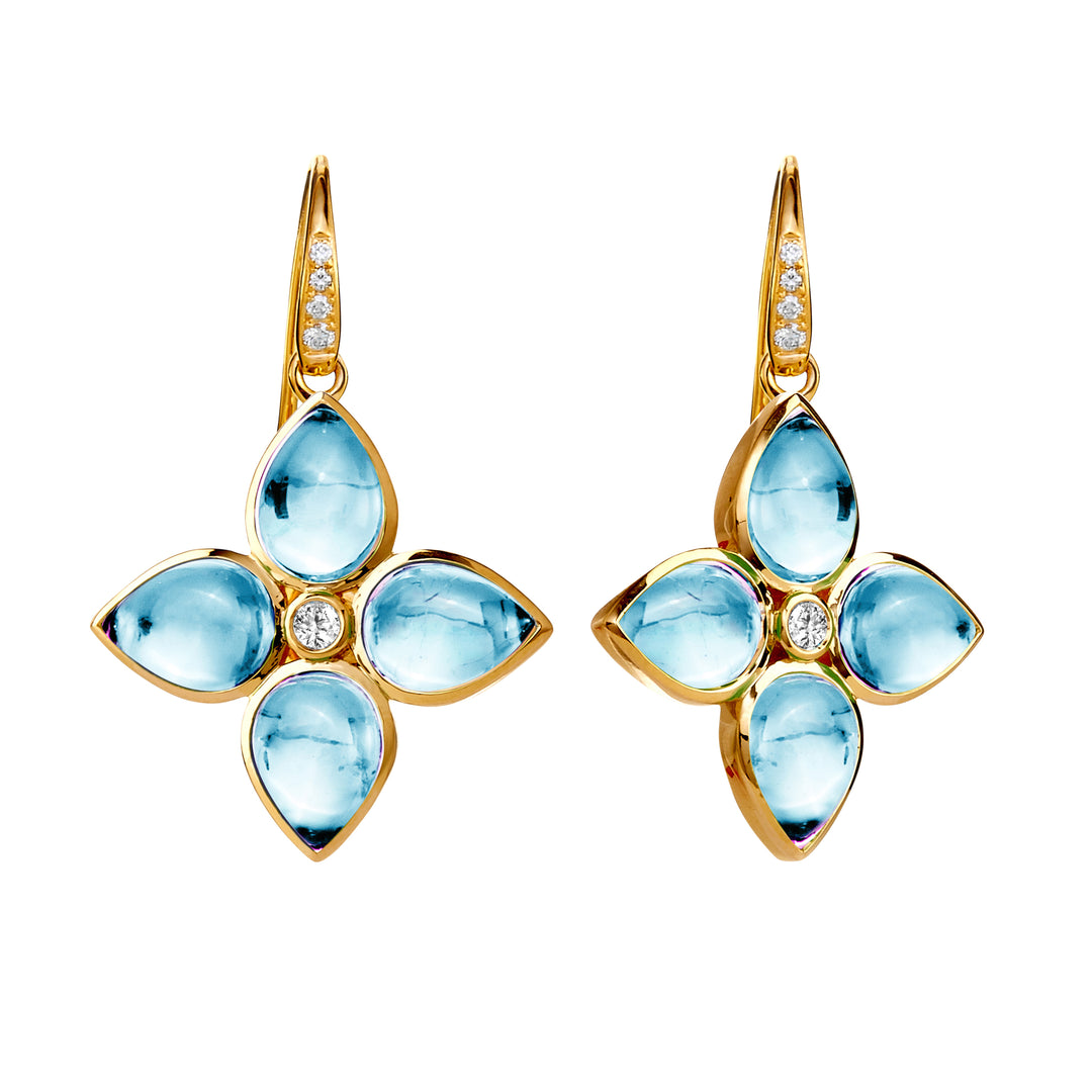 SYNA 18K Yellow Gold Mogul Blue Topaz Earrings with Diamonds, 12.5 Ct Topaz, 0.14 Ct Diamonds