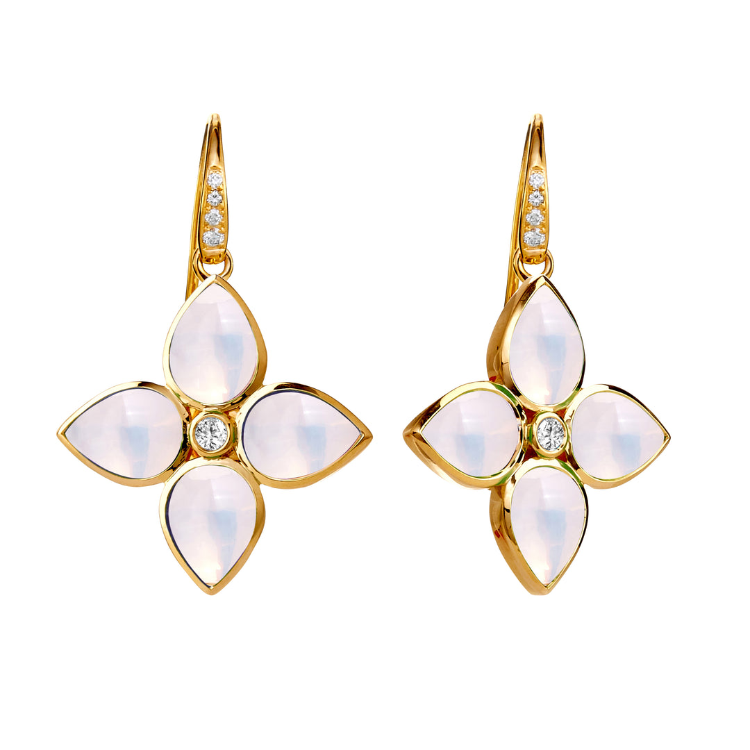 SYNA 18K Yellow Gold Mogul Moon Quartz Earrings with Diamonds, 9.5 Ct MQ, 0.14 Ct Diamonds