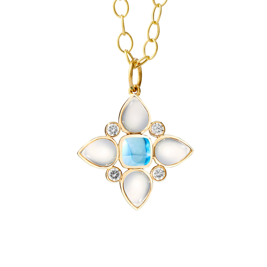 SYNA 18K Yellow Gold Mogul Flower Pendant with Blue Topaz & Diamonds, 4.50 Ct Topaz, 0.45 Ct Diamonds