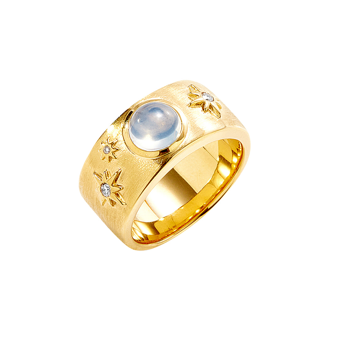 SYNA 18K Yellow Gold Cosmic Band with Moon Quartz & Diamonds, 1 Ct MQ, 0.05 Ct Diamonds