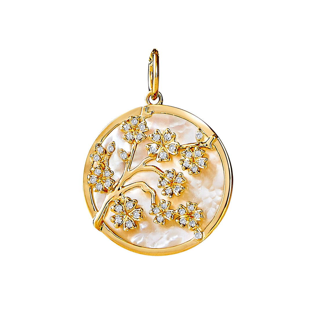 SYNA 18k Yellow Gold Mother of Pearl Pendant (MOP=8.0CT CIR W/GLD & DIA FLWRS D=0.25TW)