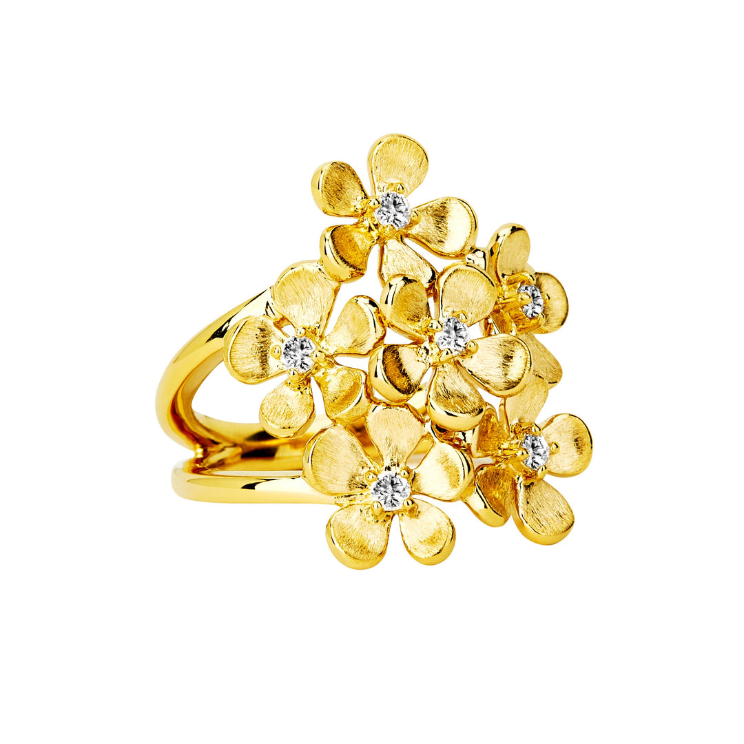 Syna 18K Yellow Gold and Champagne Diamond Jardin Bunch Satin Flower Ring