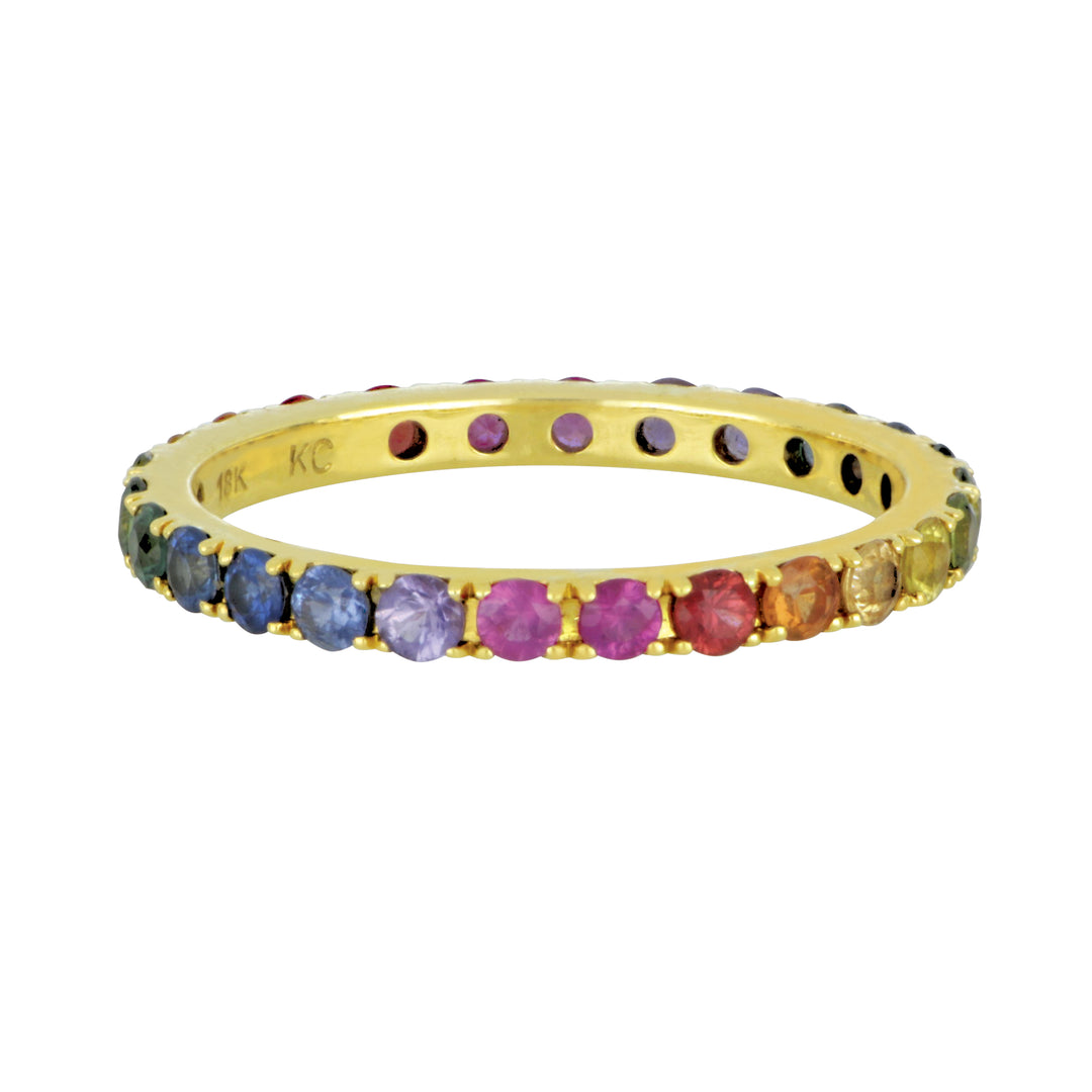 18K Yellow Gold Shared Prong Rainbow Sapphire Eternity Band - 1.10 CTW - Size 6