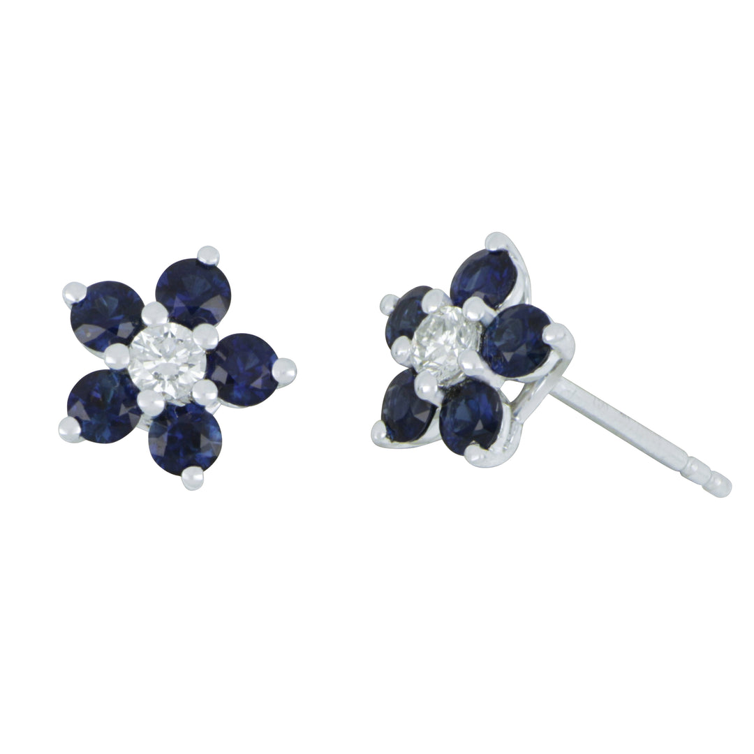 18K White Gold Floral Halo Sapphire Stud Earrings - 0.80 CTW & Diamond - 0.15 CTW