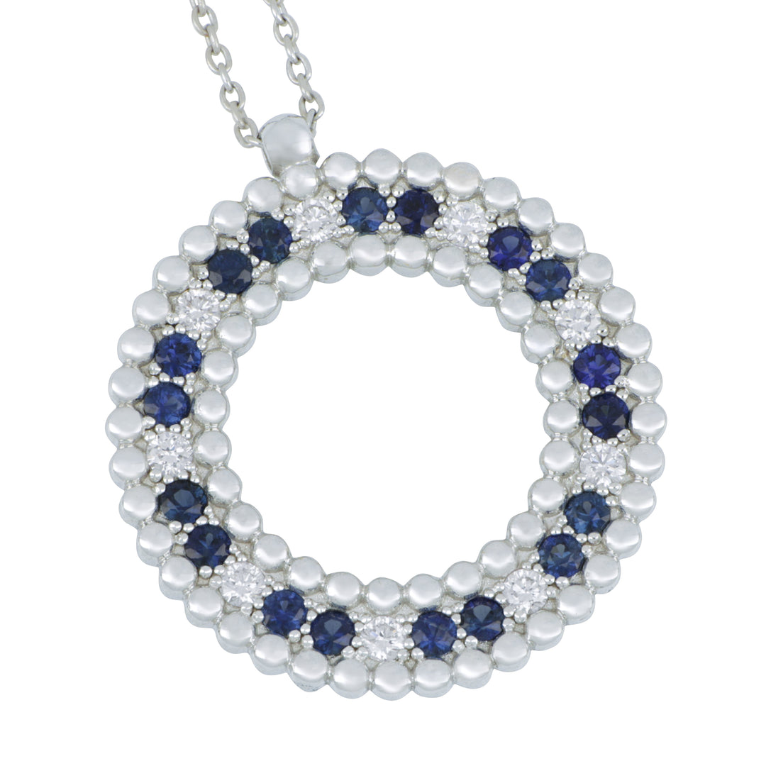 18K White Gold Circular Sapphire Necklace - 0.71 CTW & Diamond - 0.30 CTW