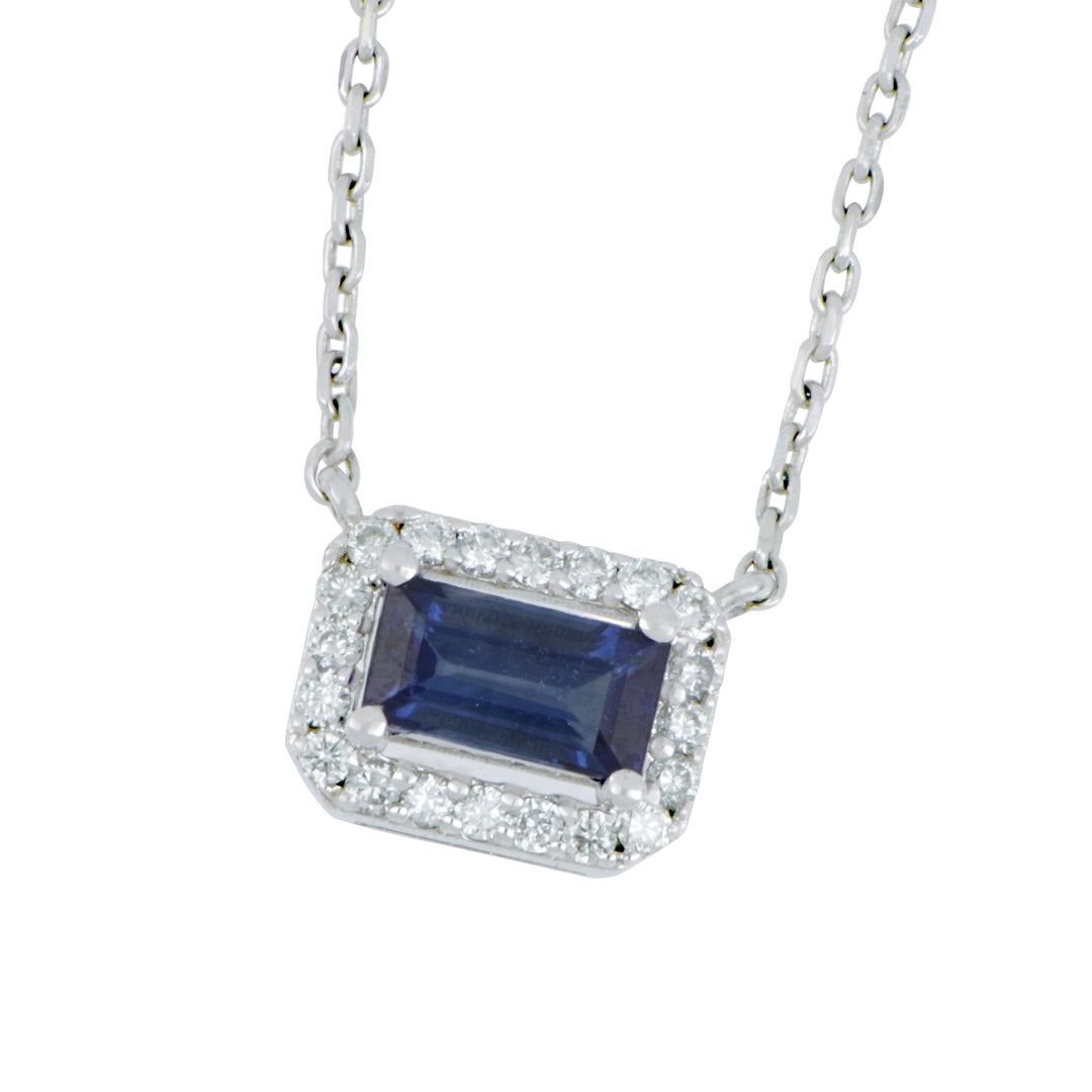 14K White Gold Rectangular Sapphire Halo Necklace - 0.59 CTW & Diamond - 0.14 CTW