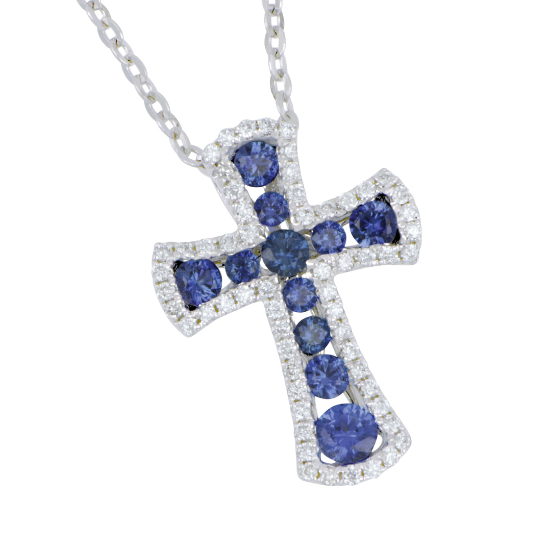 18K White Gold Cross Necklace with Sapphires - 0.44 CTW & Diamond - 0.17 CTW