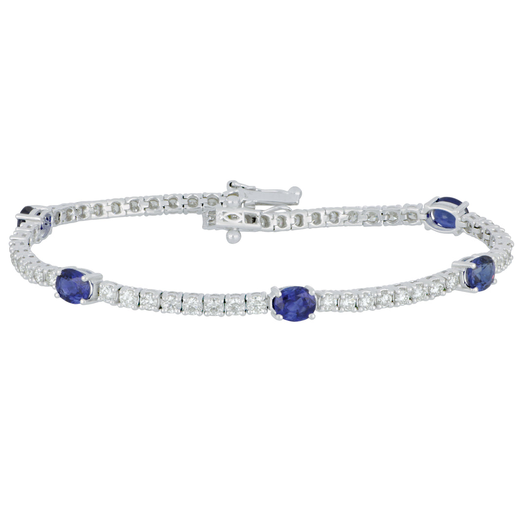 14K White Gold Five-Oval Sapphire Line Bracelet - 2.94 CTW & Diamond - 2.23 CTW - 7"