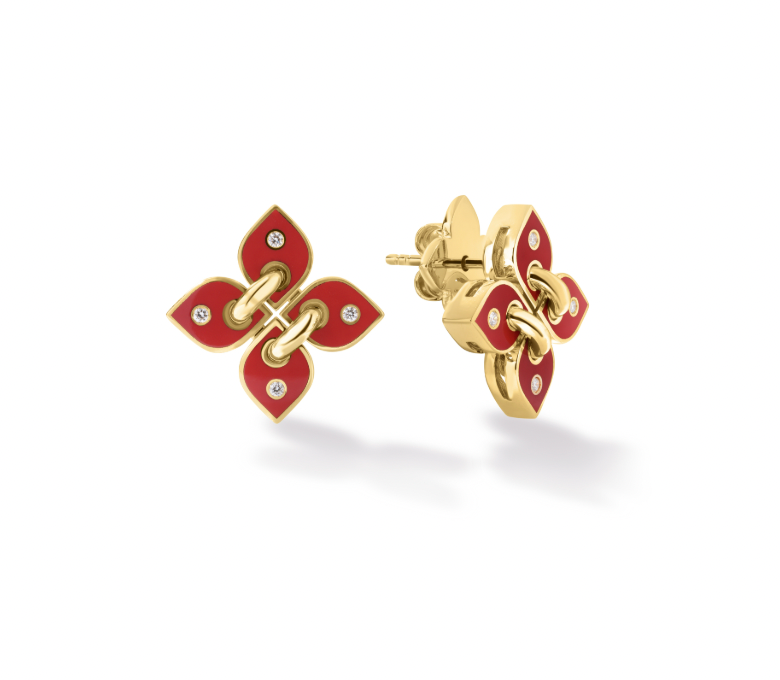 Roberto Coin 18K Yellow Gold Earrings - Liv Dia Coral Enml