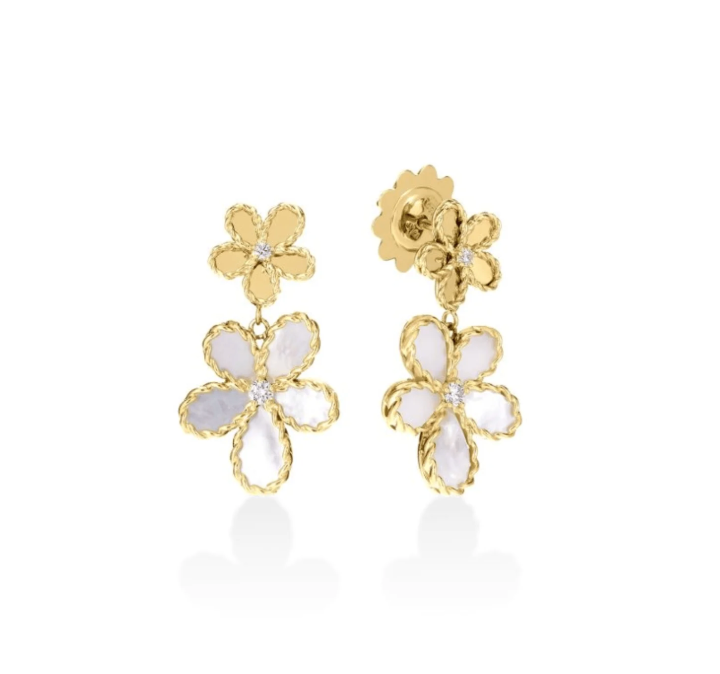 Roberto Coin 18K Yellow Gold Earrings - Jasmn Dia Mop Dbl Flwr .09ct