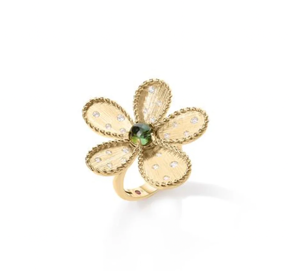 Roberto Coin Tiny Treasures 18K Yellow Gold Ring - Jasmine Flwr Grn Cab