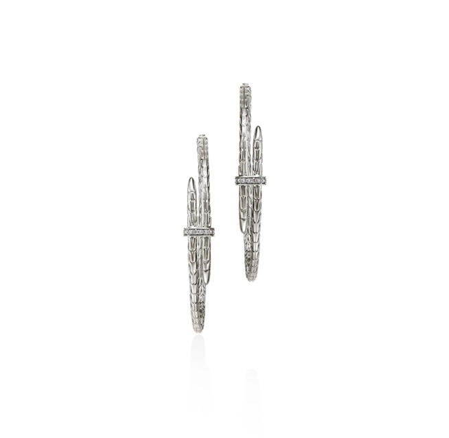 John Hardy Sterling Silver Spear Hoop Earrings with 0.12 ctw Diamonds