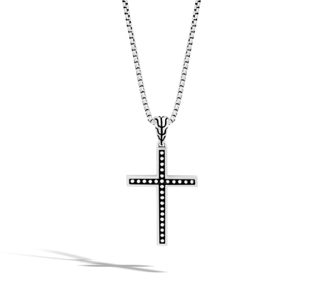 John Hardy Sterling Silver Box Chain Carved Cross Pendant