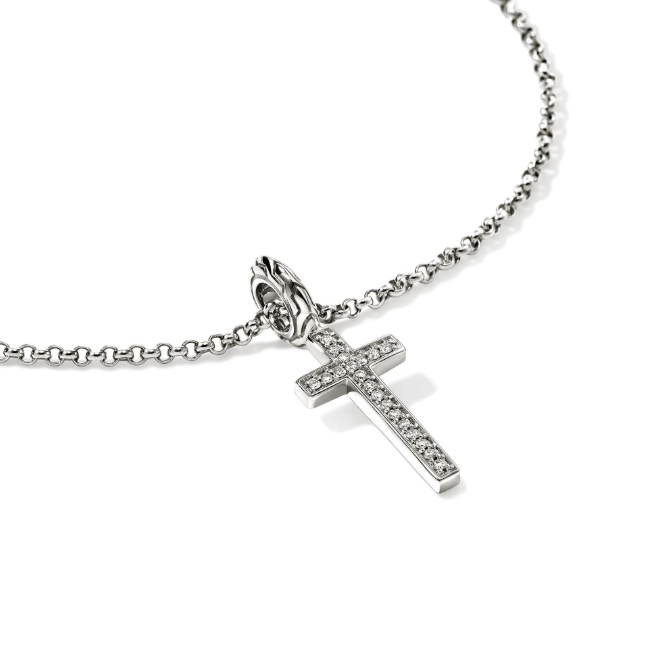 John Hardy Sterling Silver Rolo Chain Cross Necklace with 0.08 ctw Diamonds