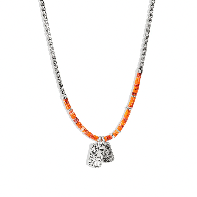 John Hardy Sterling Silver Box Chain Necklace with Red Spiny Oyster Shell & Orange Enamel