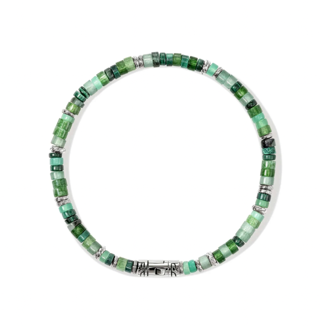 John Hardy Sterling Silver Heishi Bracelet with Malachite, Quartz, Aventurine & Chrysoprase