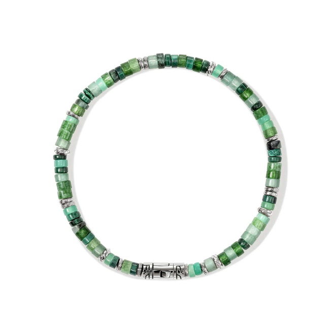John Hardy Sterling Silver Heishi Bracelet with Malachite, Quartz, Aventurine & Chrysoprase