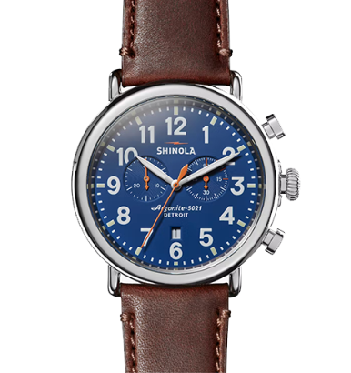 Shinola Men's Runwell 47mm Chronograph Watch with Blue Dial & Tan Leather Strap