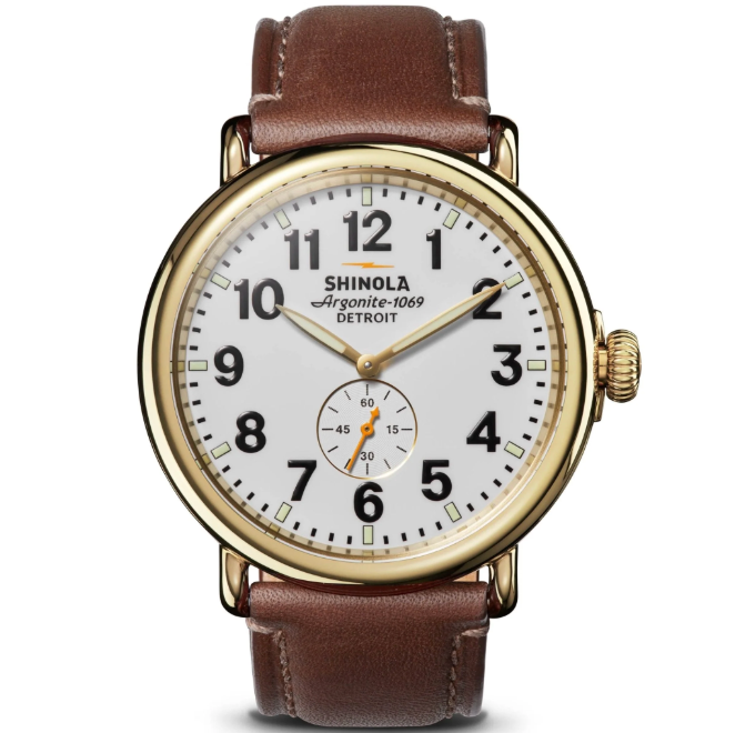 Shinola Men's Runwell 47mm Sub-Second Watch with White Dial & Teak Leather Strap
