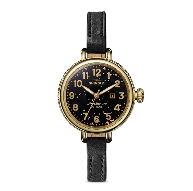 Shinola Women's Birdy 34mm Three-Hand Watch with Gold-Flake Dial & Black Leather Strap