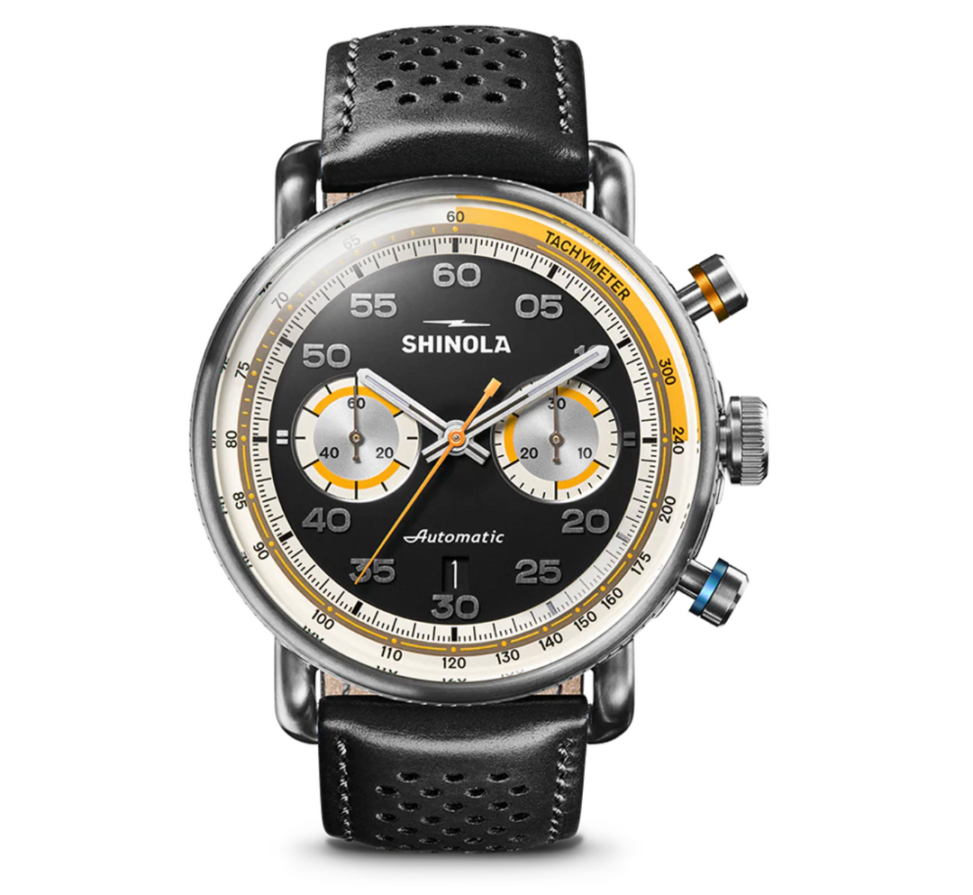 Shinola Men's Canfield Speedway 44mm Two-Sub Chronograph Watch with Black Dial & Black Leather Strap
