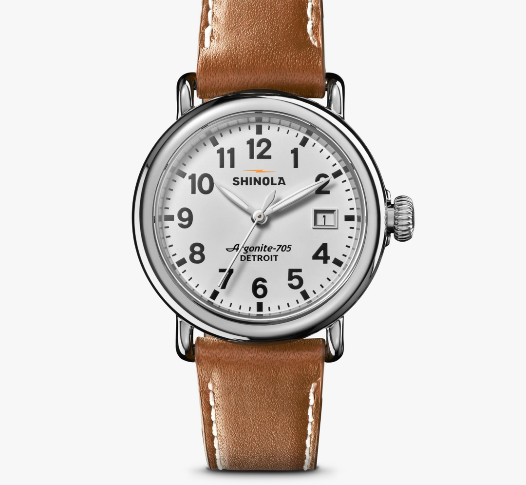 Shinola Men's Runwell 36mm Three-Hand Watch with White Dial & Tan Leather Strap
