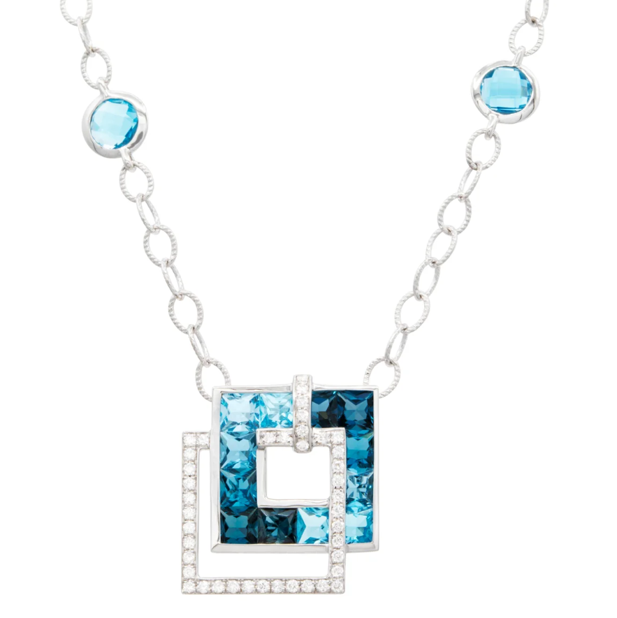 Bellarri Malibu Nouveau 14K White Gold Blue Topaz & Diamond Square Pendant