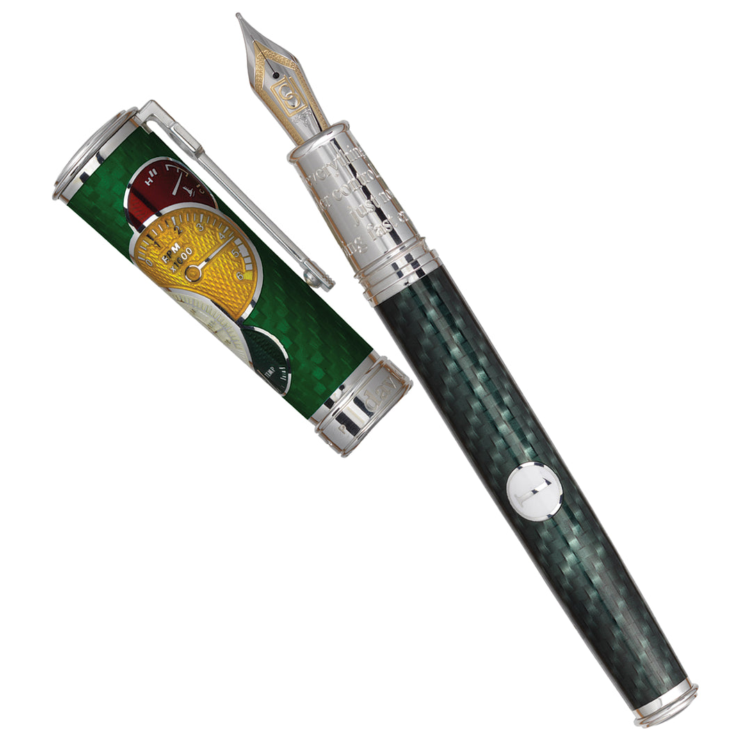 David Oscarson Stainless Steel "Take it to the Limit" Guilloche and Hot Enamel in Mossy Black and British Racing Green Medium Point Fountain Pen, Numbered 7/100