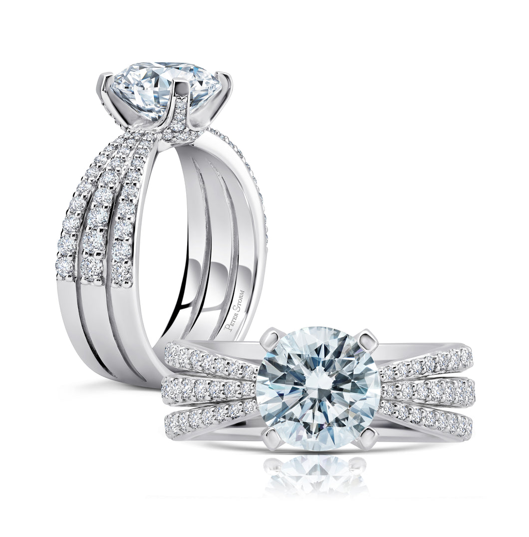 18 Karat White Gold 3 Row Diamond Pinched Shank Engagement Ring for a 1ct Center