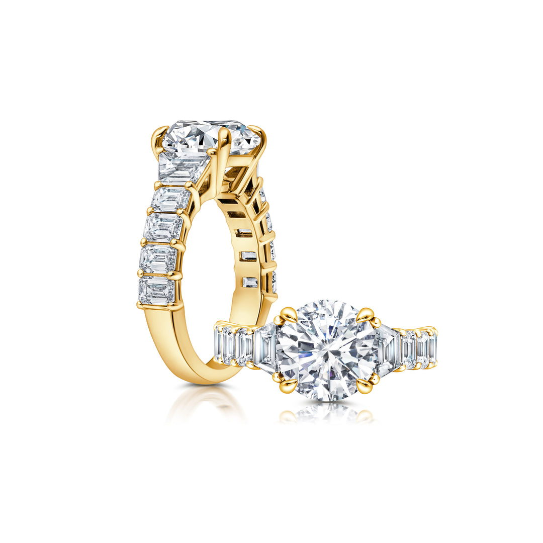 18 Karat White and Yellow Gold Emerald Cut Sides Engagement Ring for a 1ct Center
