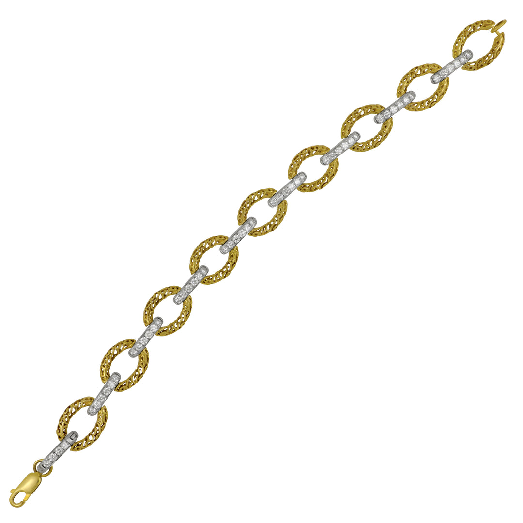 14 Karat White and Yellow Gold 7.25" Textured Flat Oval and Diamond Bar Bracelet, 52Dias=2.05tw GH/SI