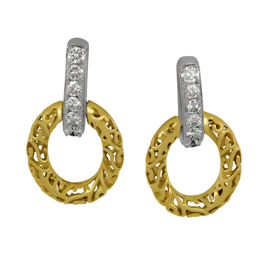 14 Karat White and Yellow Gold Small Oval with Diamond Drop Post Earrings, 12Dias=.54tw GH/SI