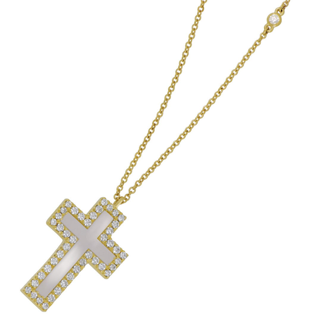 14k Yellow Mother of Pearl Cross and Diamond Necklace D=0.45TW GH/SI NK CABLE CHN 18" length
