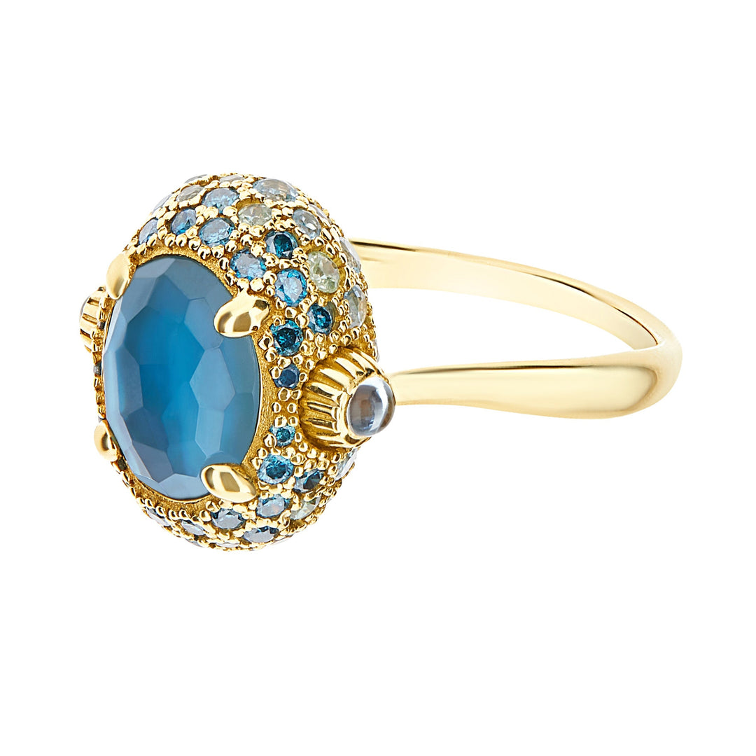 Reverse" 18K Yellow Gold, Blue Diamonds, Swiss Blue Topaz, Green Sapphires and London Blue Topaz Double-face Ring